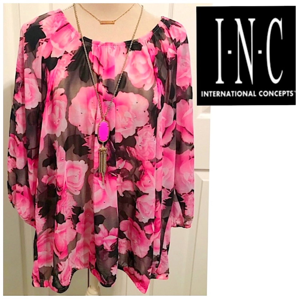 INC International Concepts, Semi Sheer Floral Maxi Style, Long Sleeved Blouse 3X